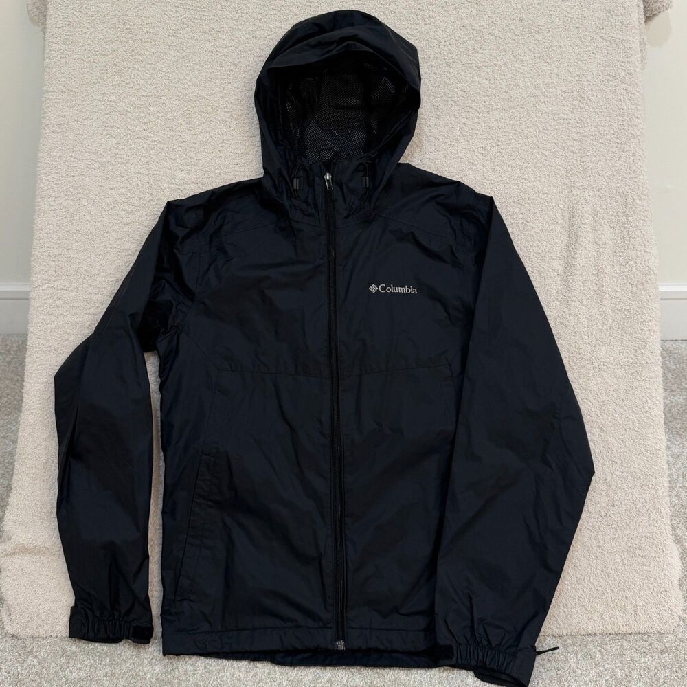 Columbia Rain Jacket Mens Small Black Hooded Full Zip Waterproof Shell